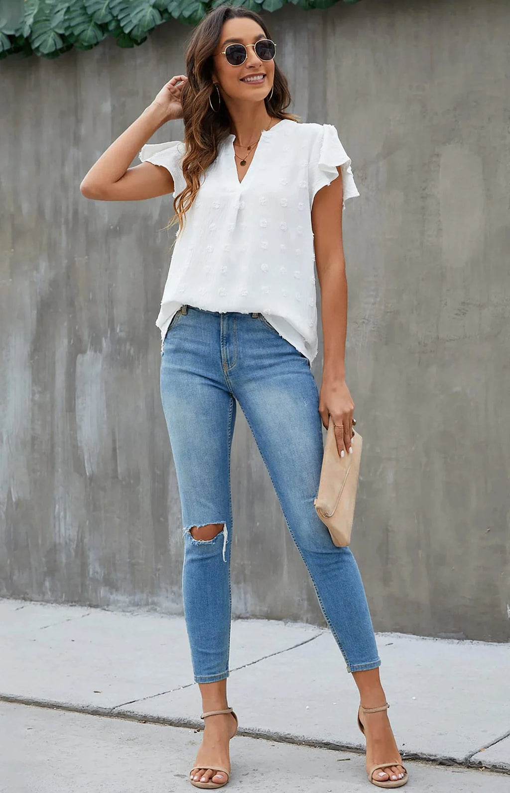V Neck Ruffle Sleeve Summer Tops
