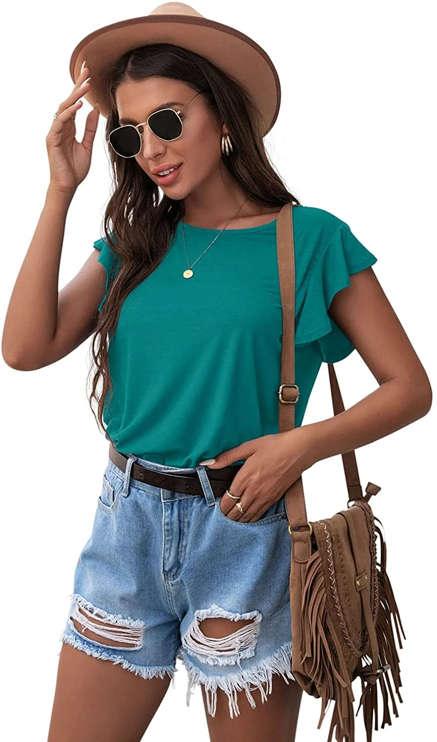 Summer Ruffle Short Sleeve Knit Tunic Tops
