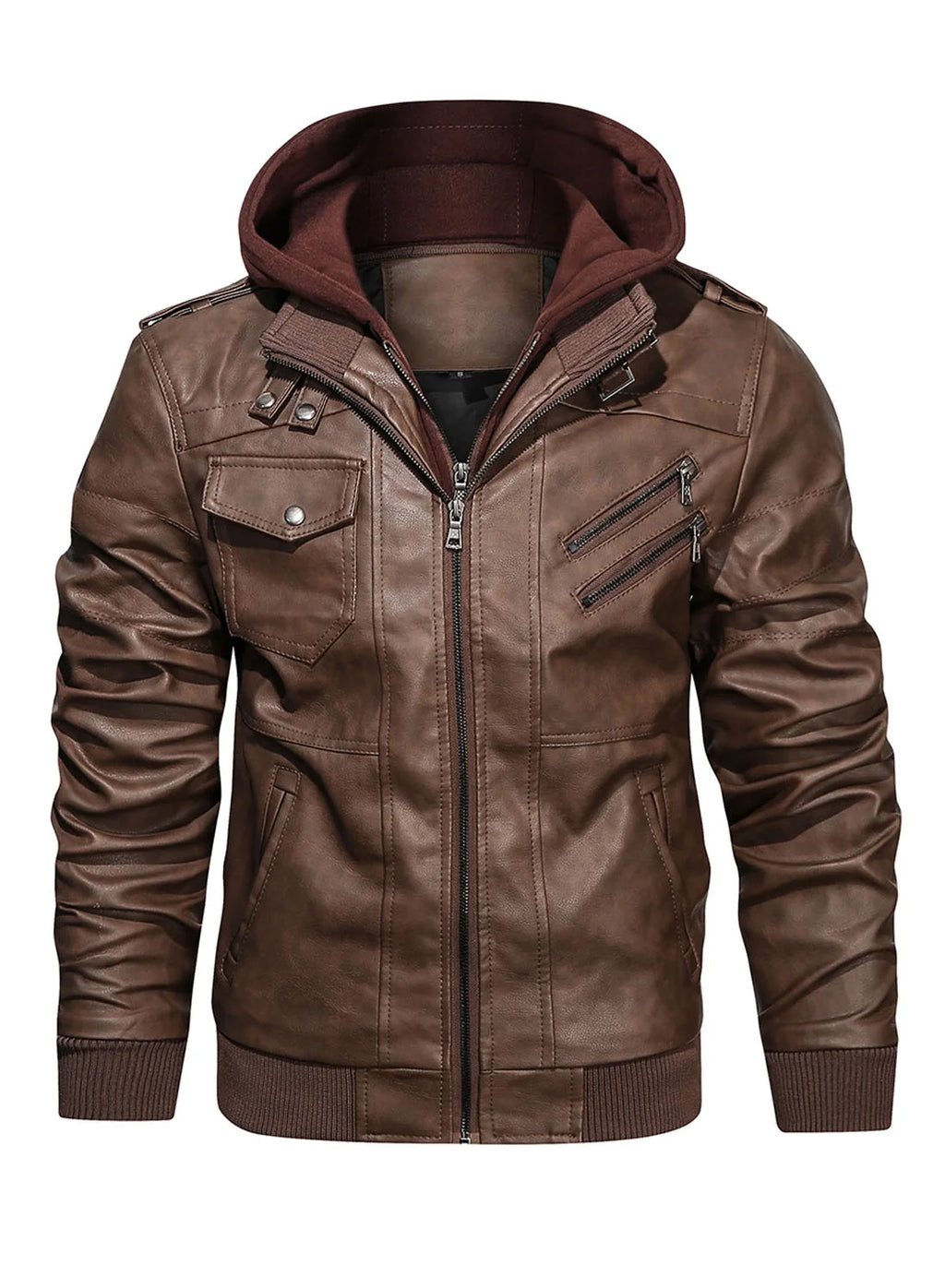 Pu Faux Leather Jacket with Removable Hood