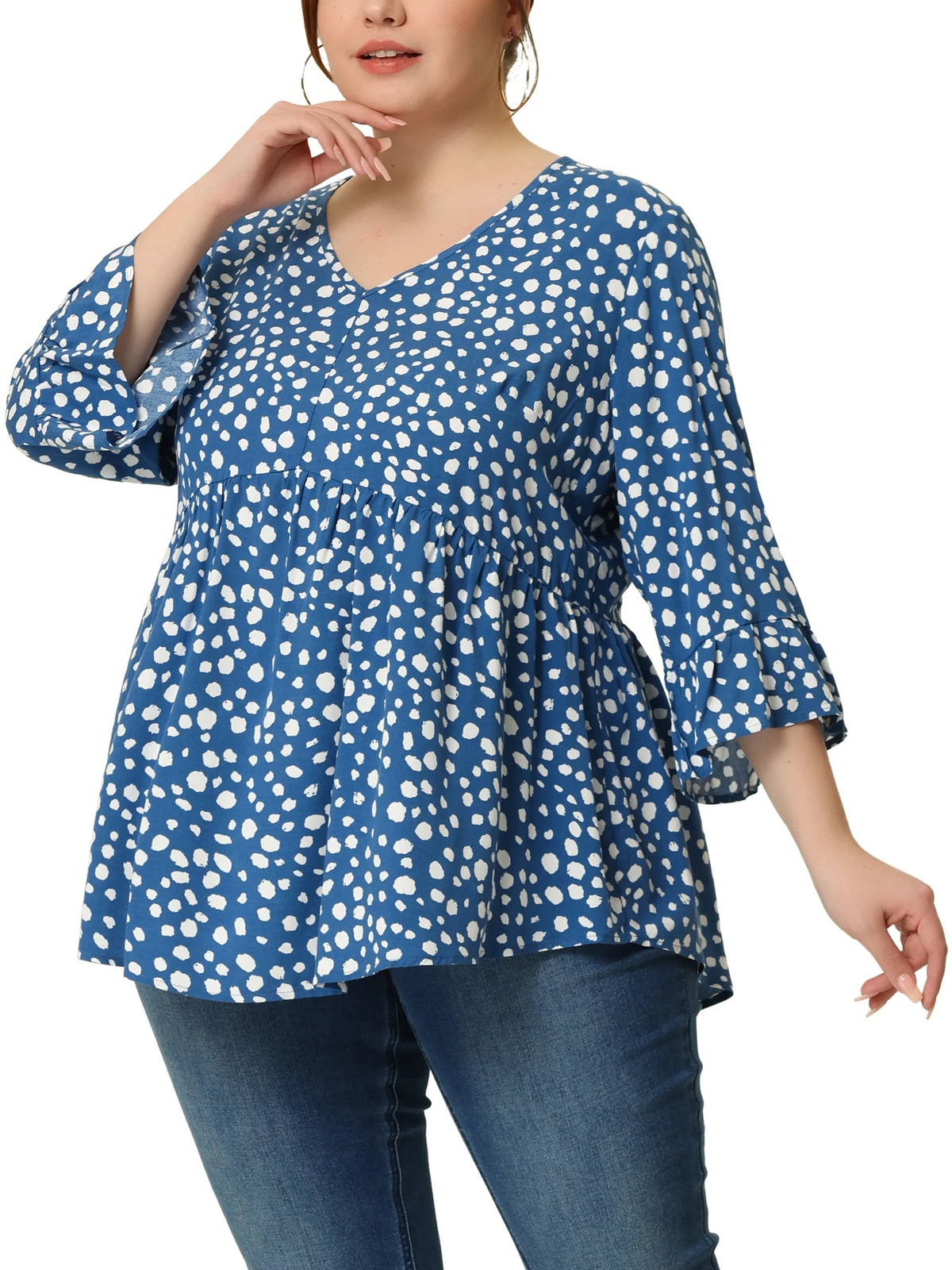 Polka Dots V Neck 3/4 Sleeves Tops
