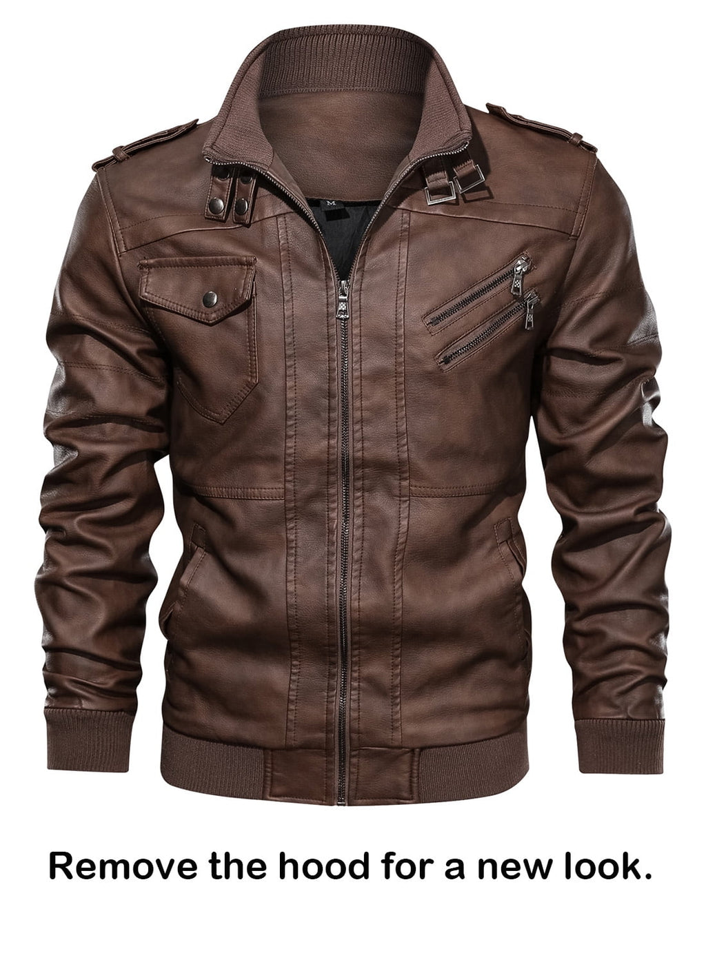 Pu Faux Leather Jacket with Removable Hood