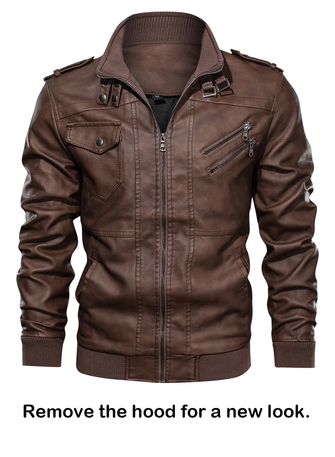 Pu Faux Leather Jacket with Removable Hood