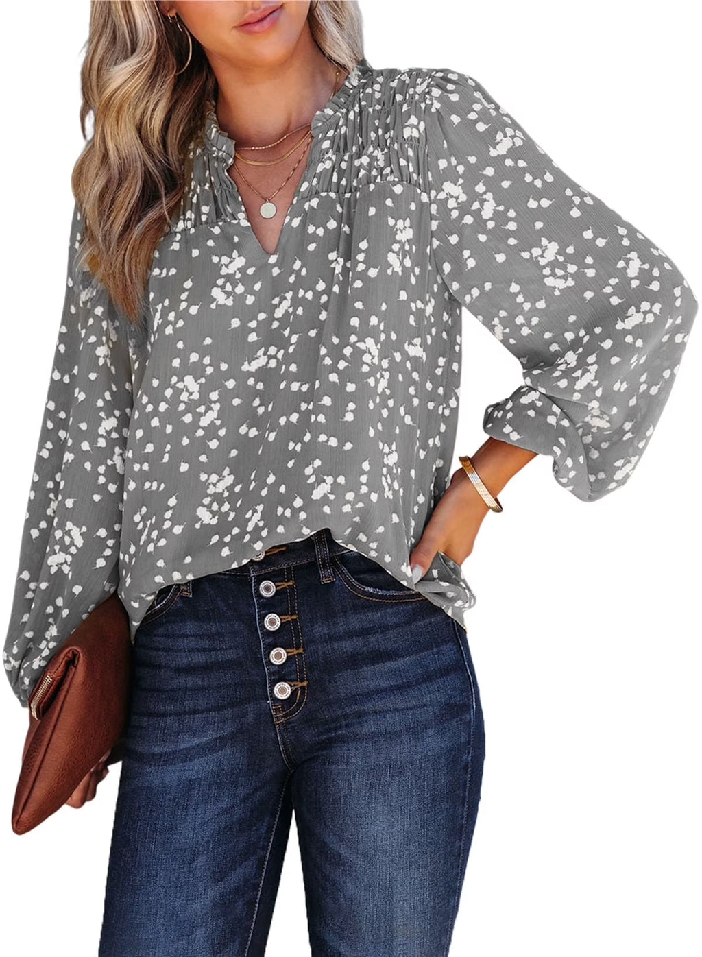Women Casual V Neck Floral Print Tunic Tops