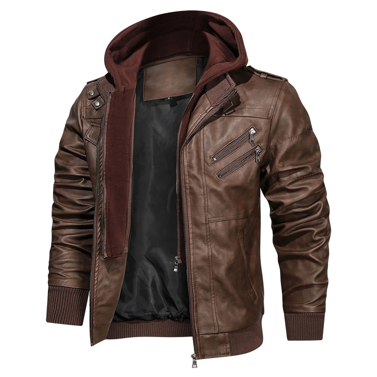 Pu Faux Leather Jacket with Removable Hood
