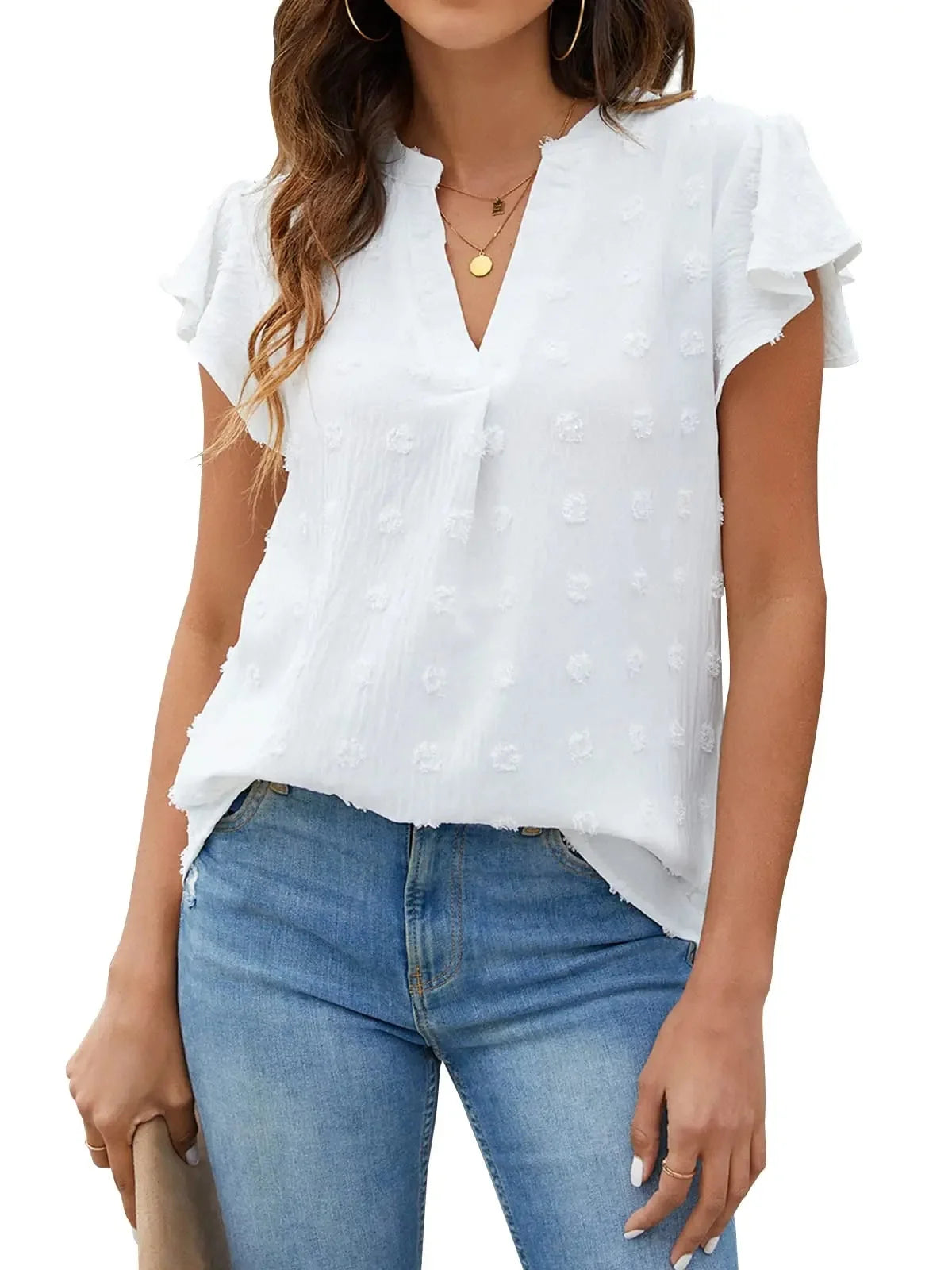 V Neck Ruffle Sleeve Summer Tops