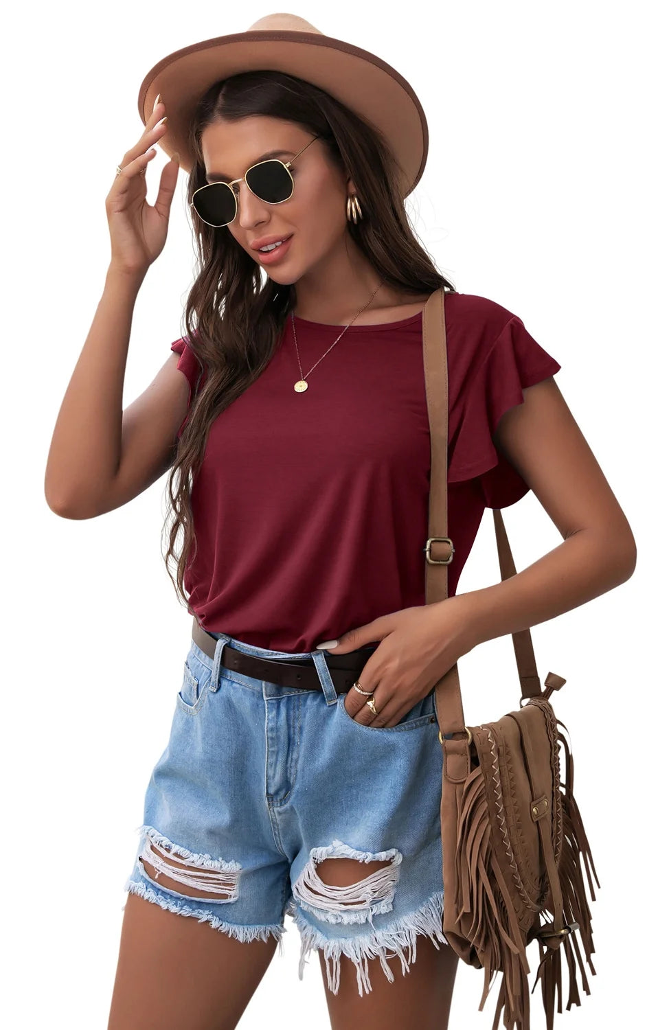 Summer Ruffle Short Sleeve Knit Tunic Tops
