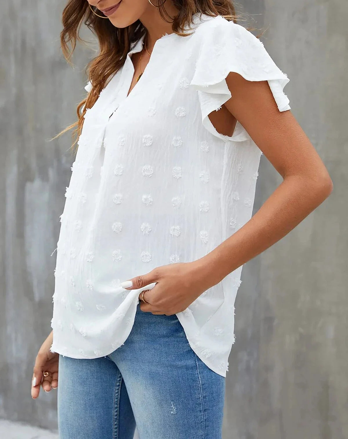 V Neck Ruffle Sleeve Summer Tops
