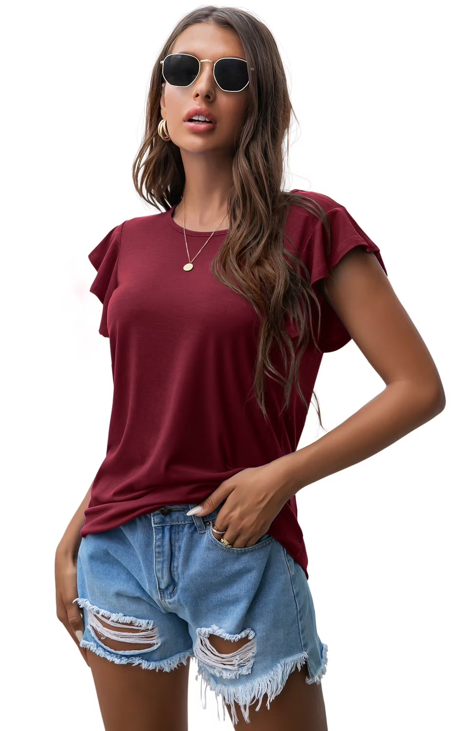 Summer Ruffle Short Sleeve Knit Tunic Tops