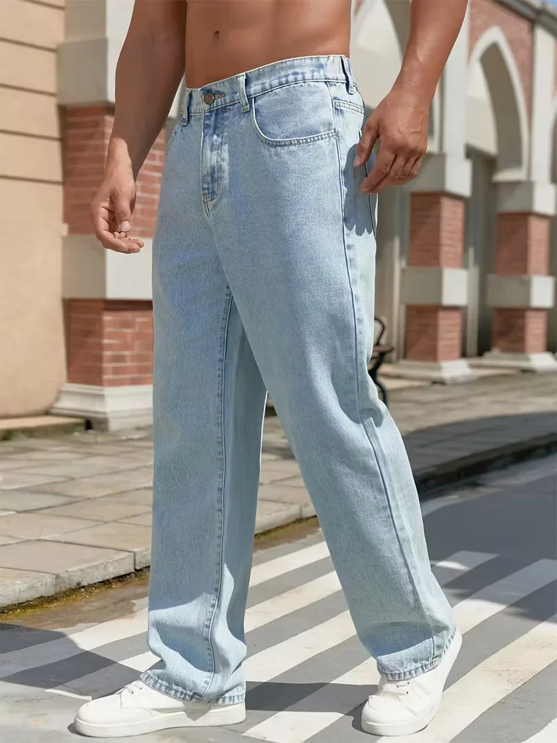Light Blue Men's Casual Straight-leg Jeans