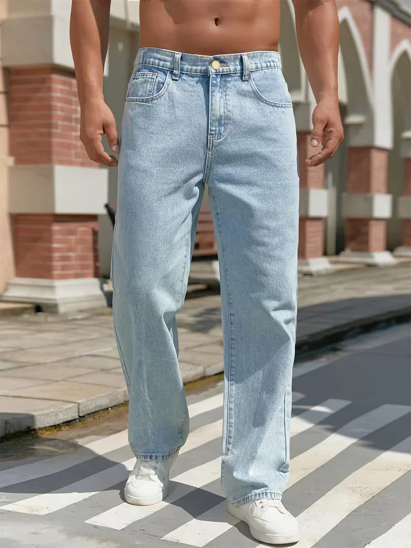 Light Blue Men's Casual Straight-leg Jeans