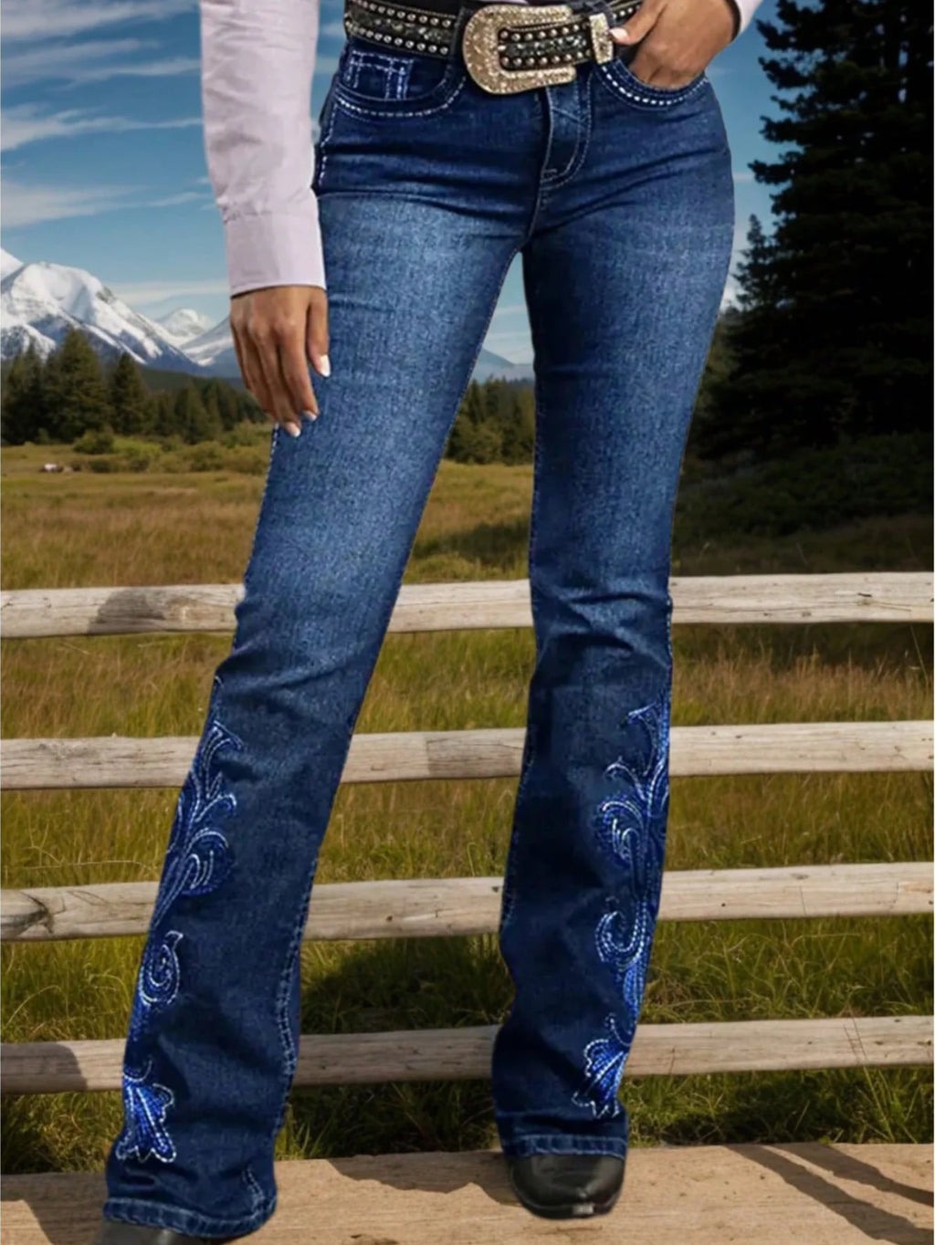 Women Embroidered Flare Denim Pants