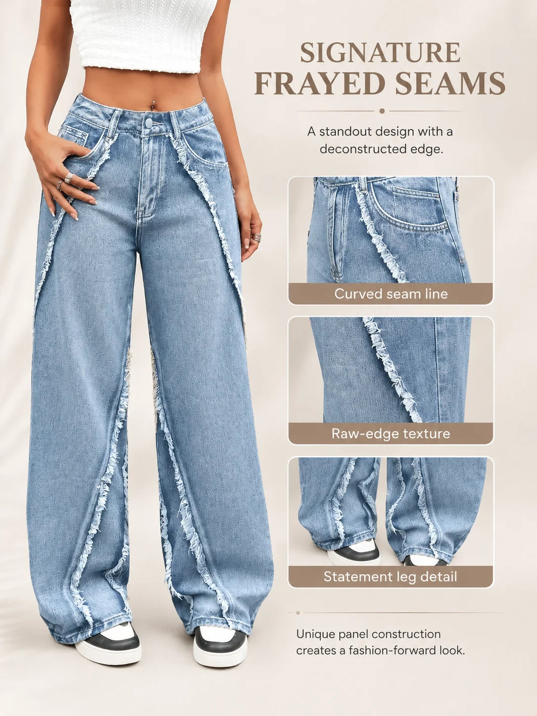 Frayed Raw Edge Wide Leg Jeans