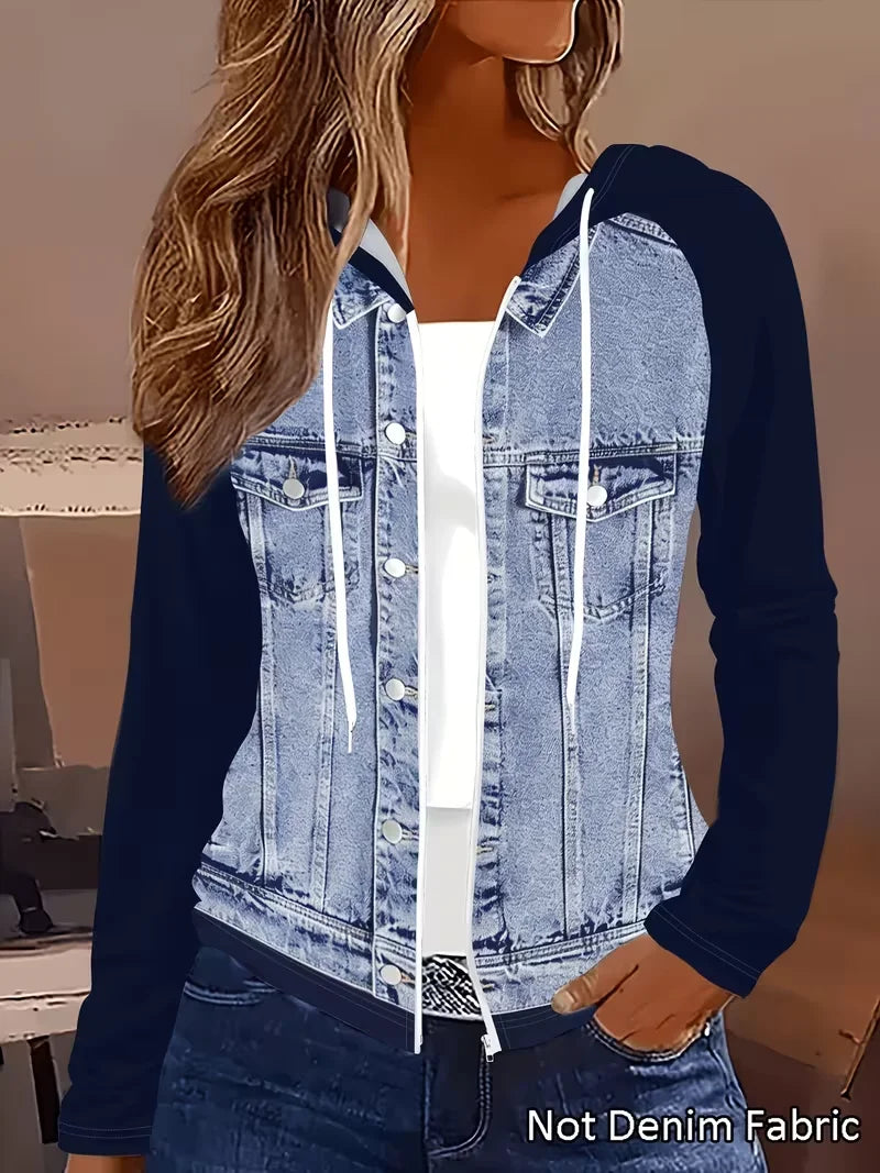 Navy Blue Color-block Hooded Printed Jacket