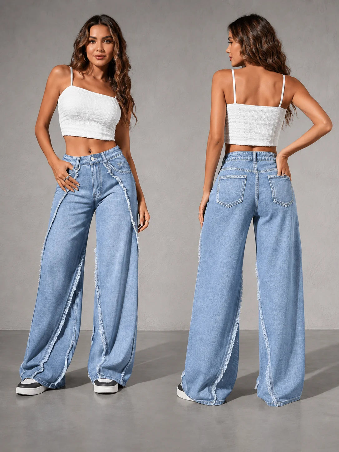 Frayed Raw Edge Wide Leg Jeans
