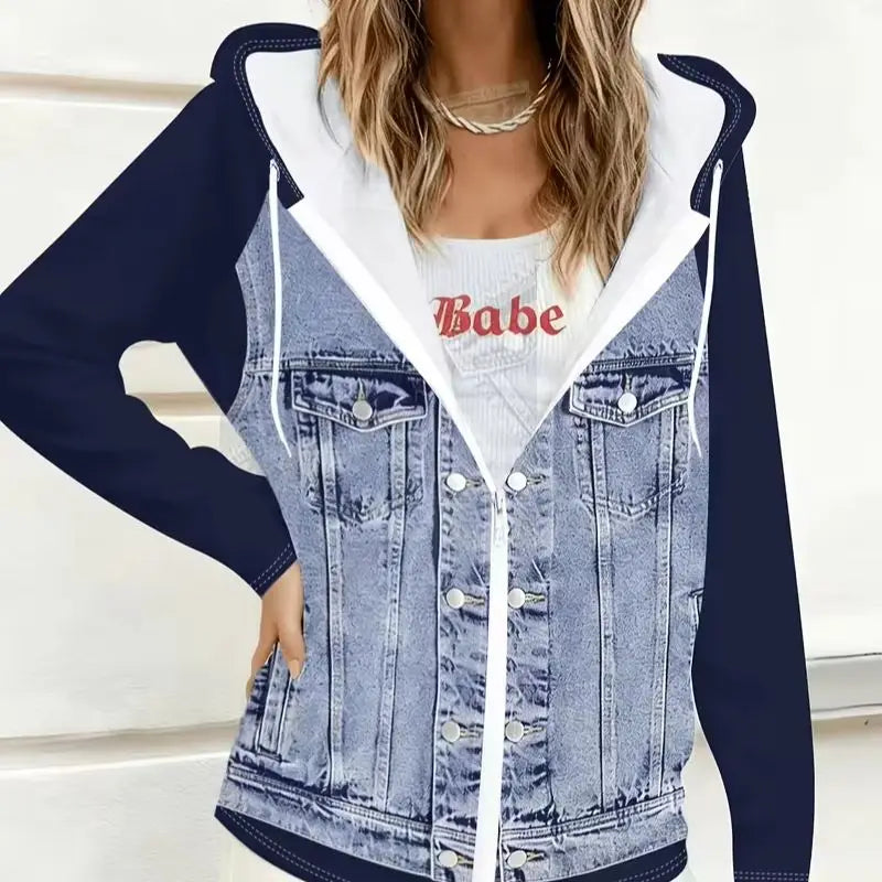 Navy Blue Color-block Hooded Printed Jacket