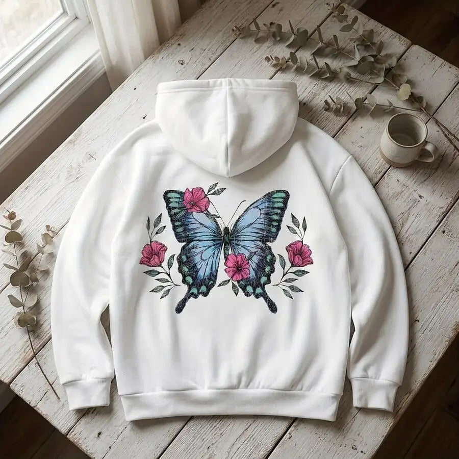 Butterfly Graphic Print Kangaroo Pocket Hoodie