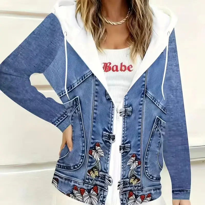 Butterfly Embroidery Print Hooded Denim Jacket