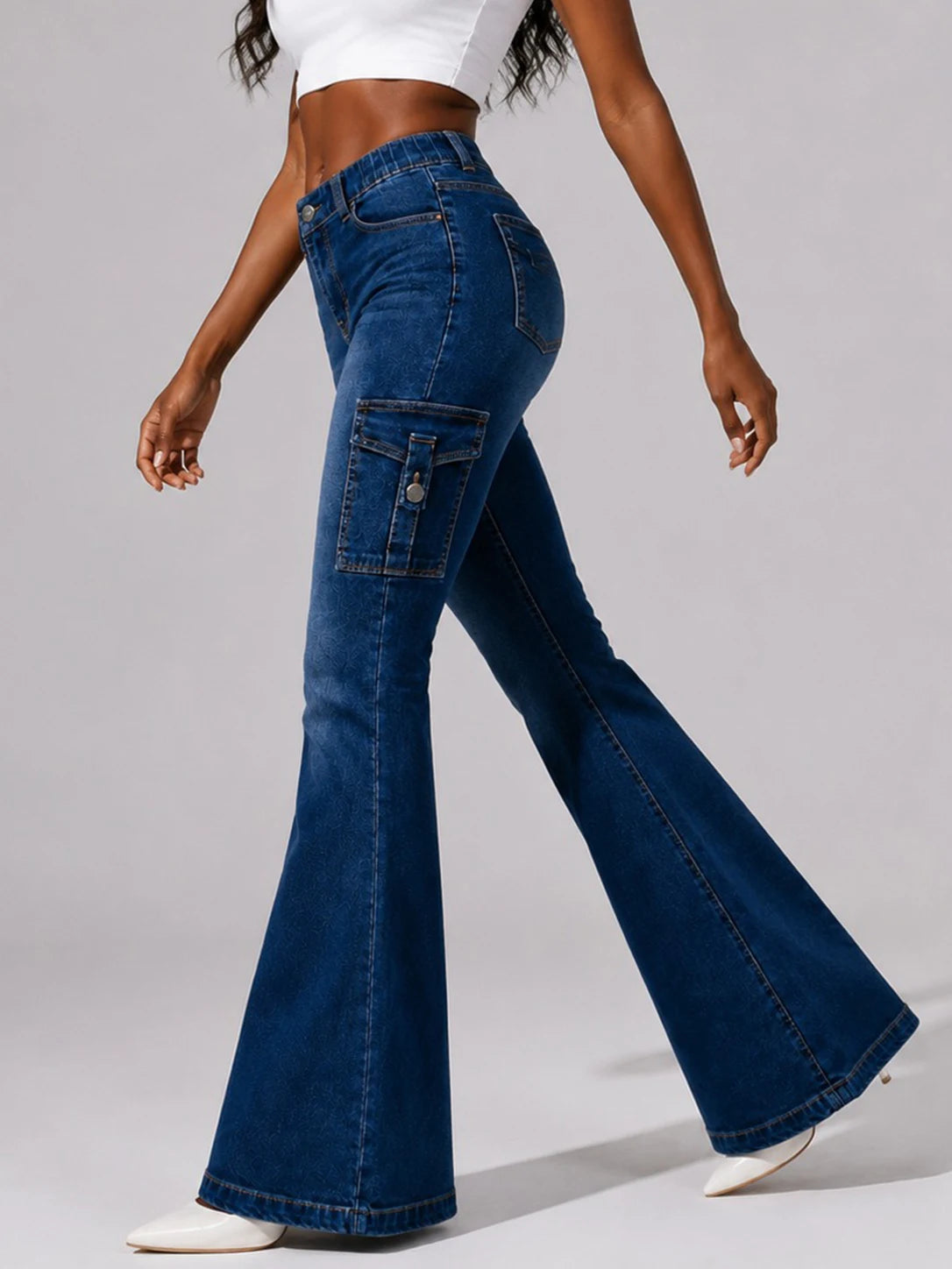 Stretch Vintage Washed Cargo Flare Jeans