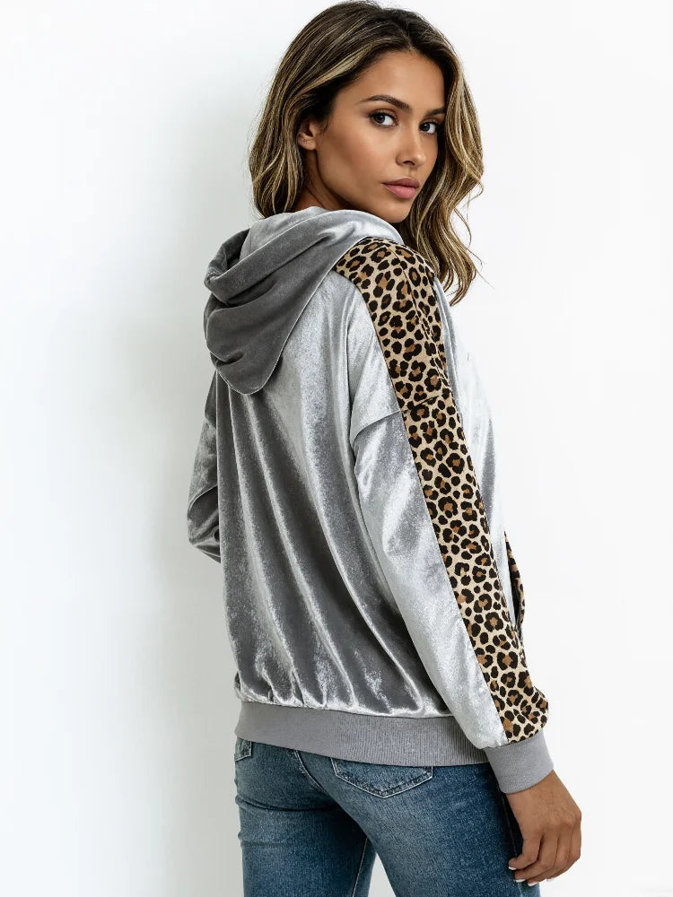 Silver-Gray Leopard Print Quilted Hoodie