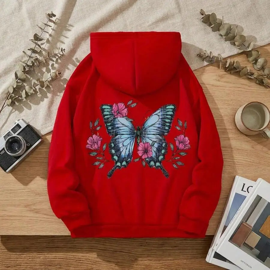 Butterfly Graphic Print Kangaroo Pocket Hoodie