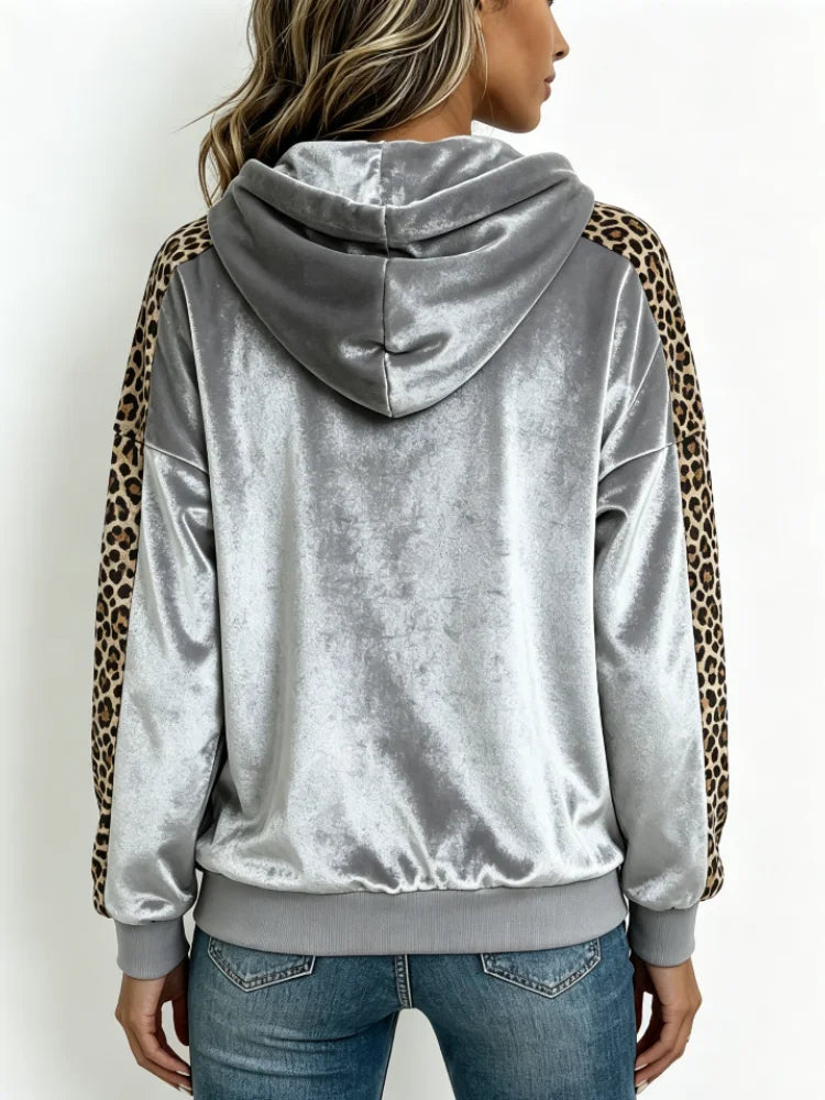 Silver-Gray Leopard Print Quilted Hoodie