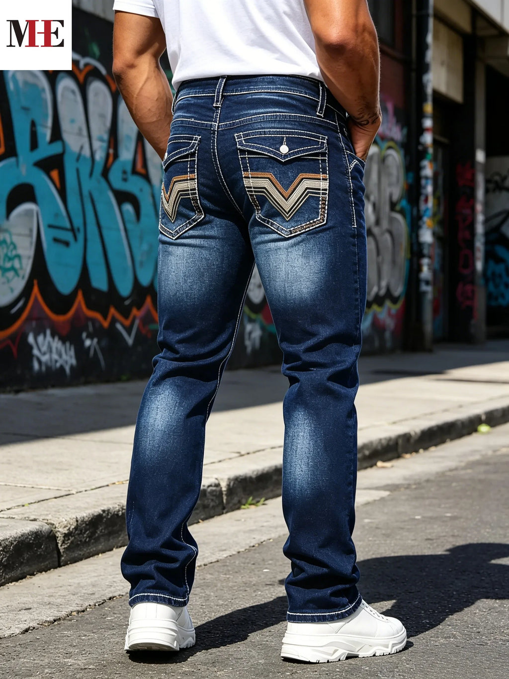 Dark Blue Whisker Wash Slim Bootcut Denim Pants