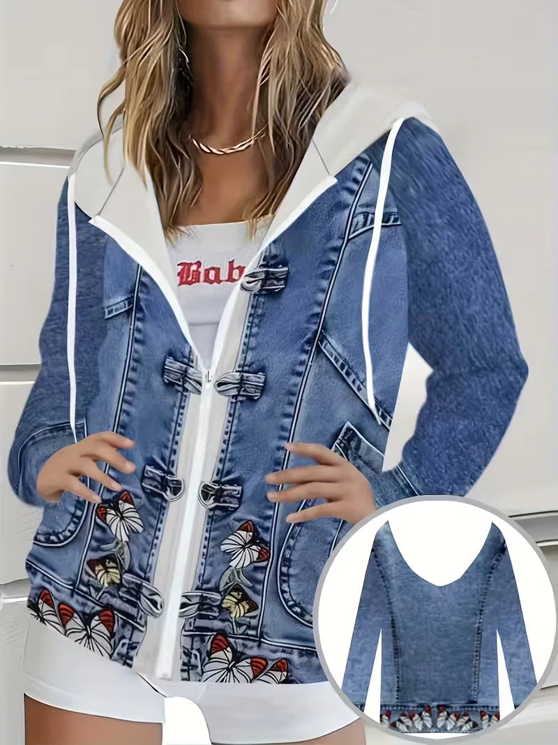 Butterfly Embroidery Print Hooded Denim Jacket