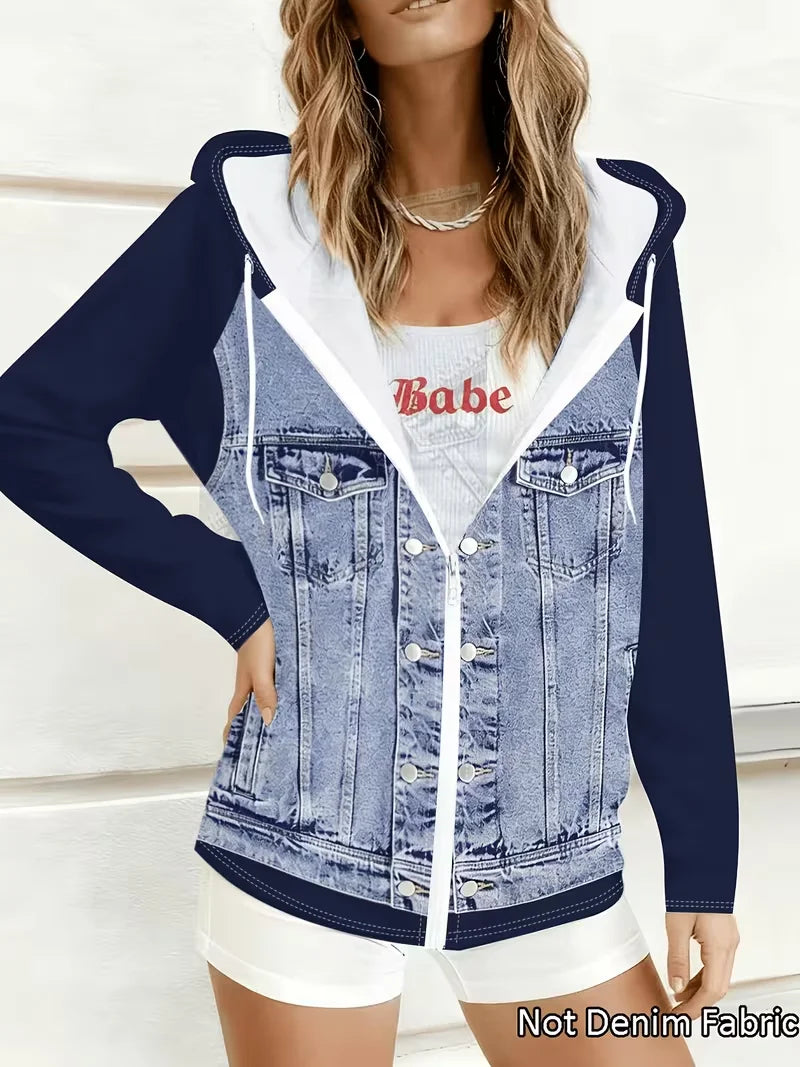 Navy Blue Color-block Hooded Printed Jacket