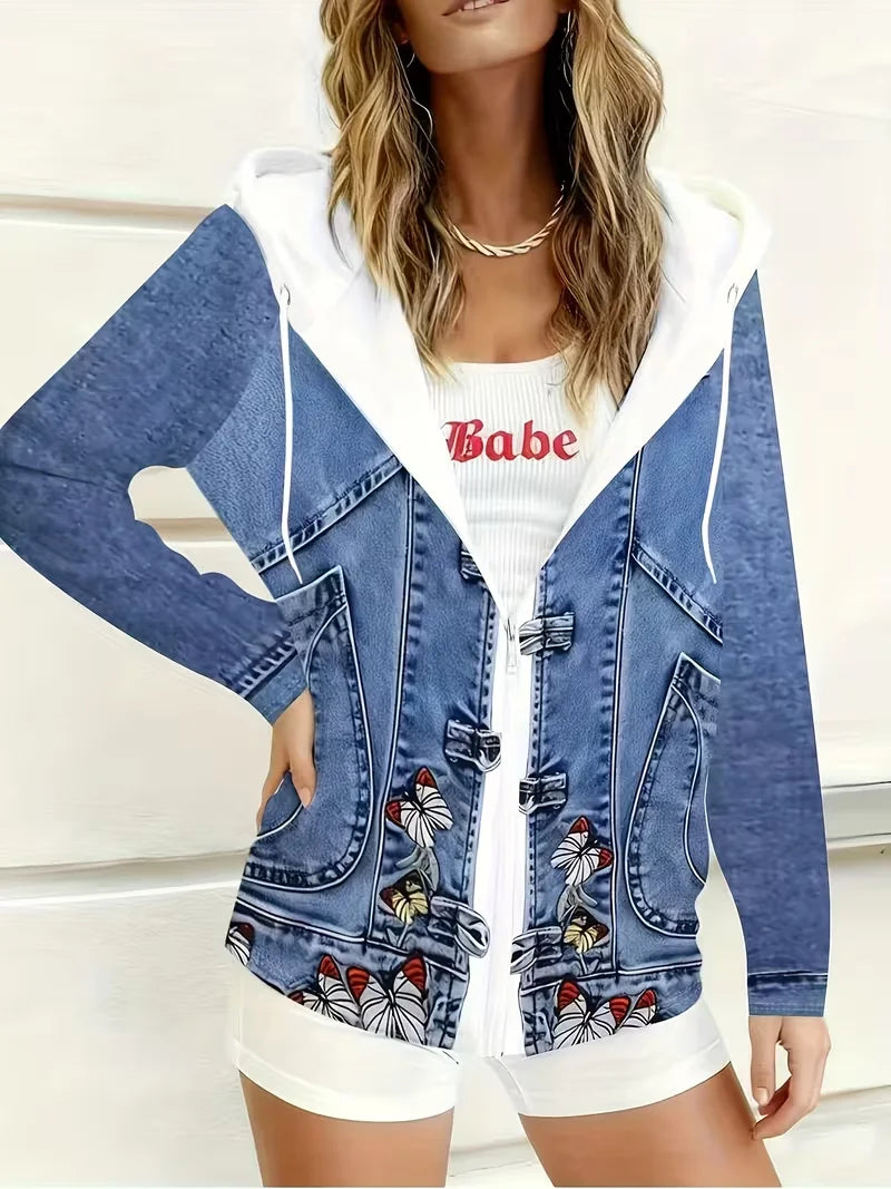 Butterfly Embroidery Print Hooded Denim Jacket