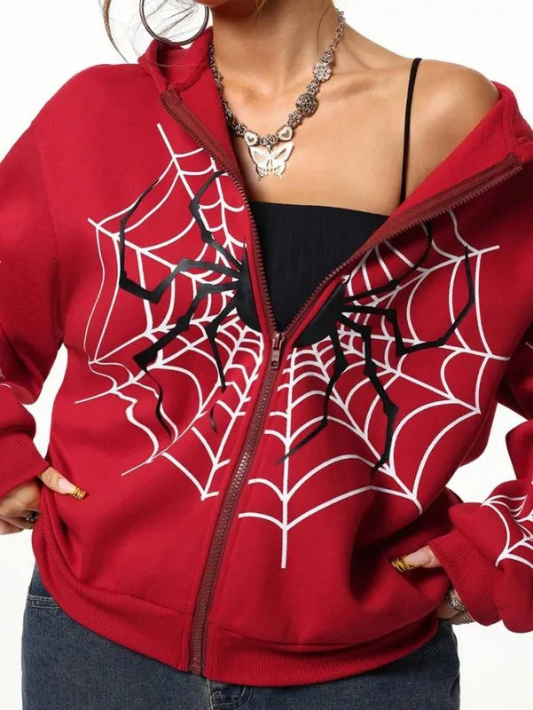 Spider Web Print Zip Up Hoodies