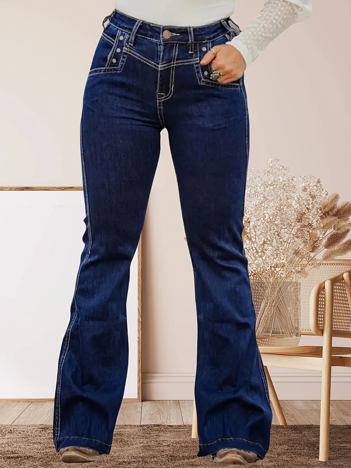 Retro Western Dark‑Wash Denim Pants