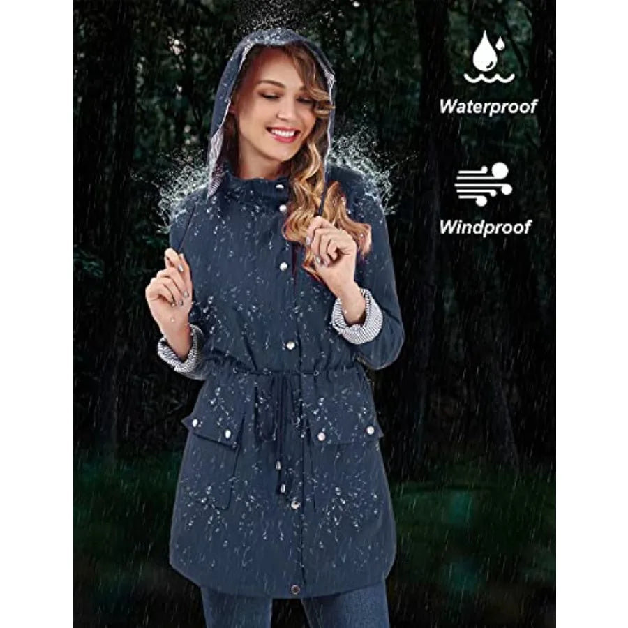 Women Waterproof Lightweight Hooded Trench Coat