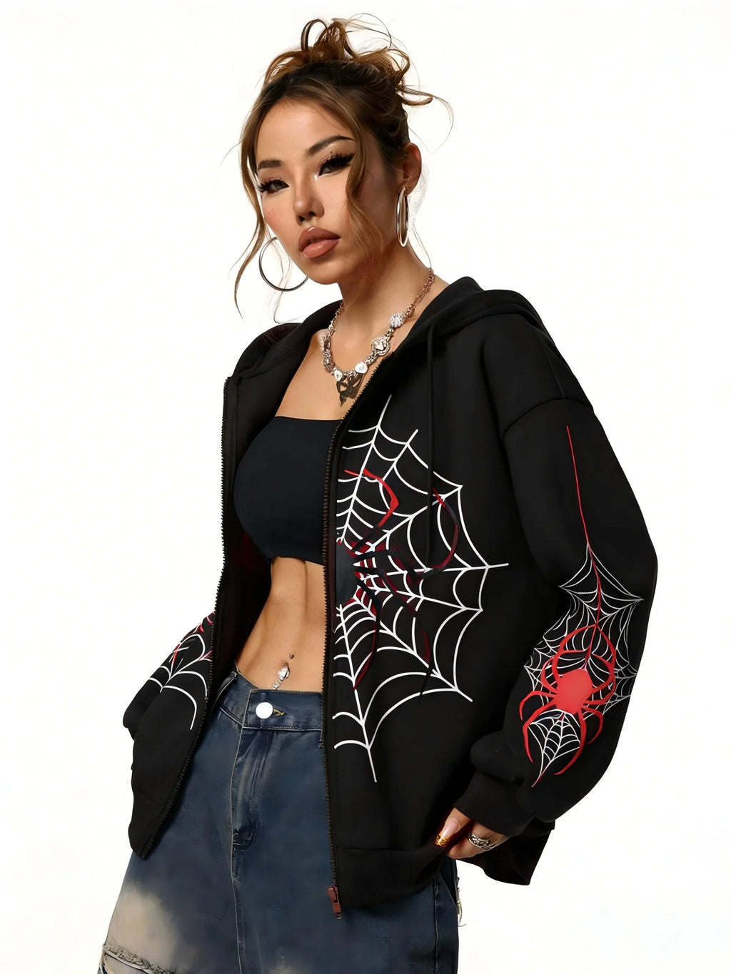 Spider Web Print Zip Up Hoodies