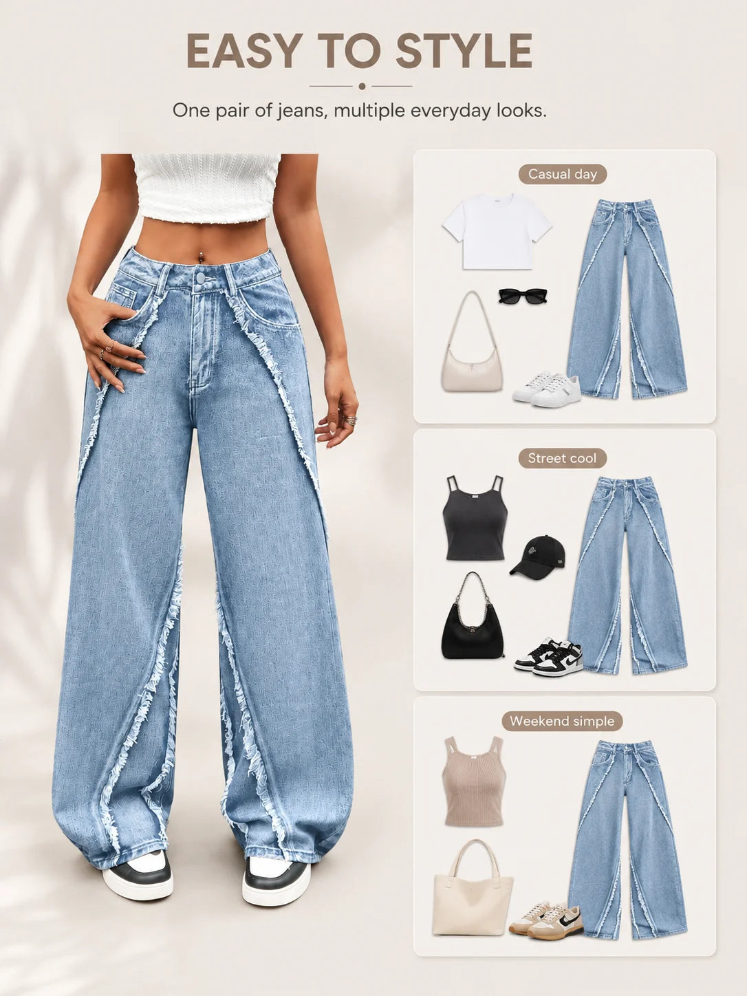 Frayed Raw Edge Wide Leg Jeans