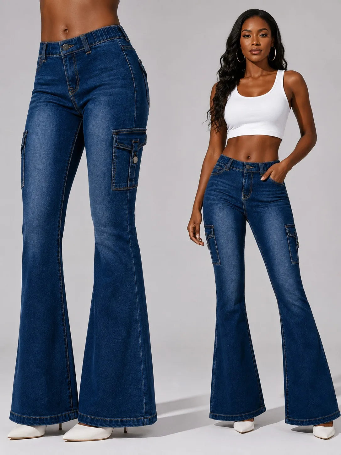 Stretch Vintage Washed Cargo Flare Jeans