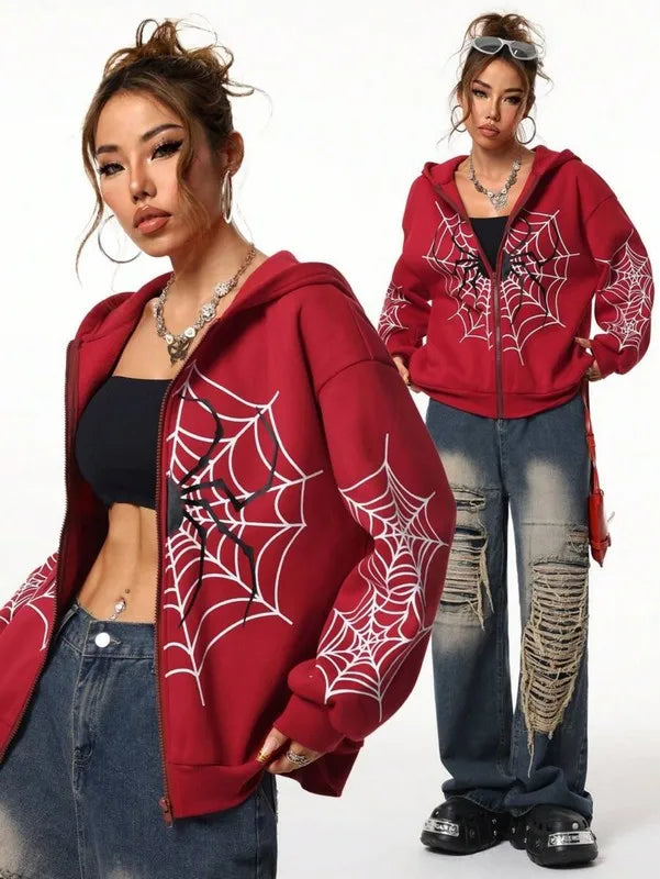 Spider Web Print Zip Up Hoodies