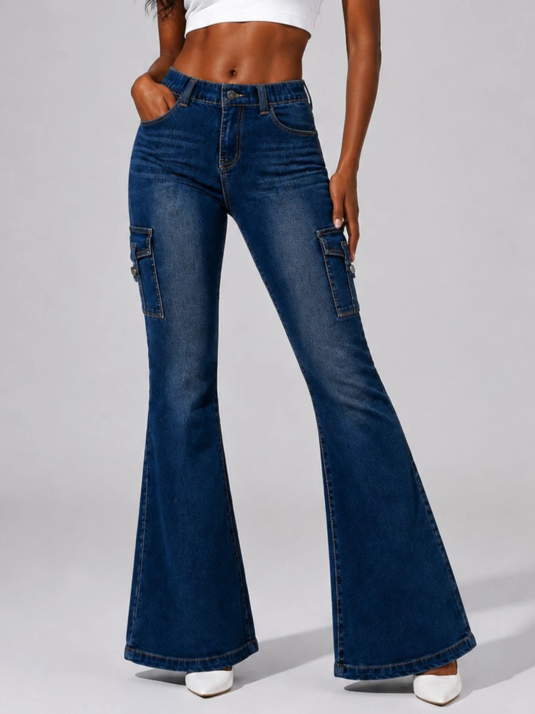Stretch Vintage Washed Cargo Flare Jeans