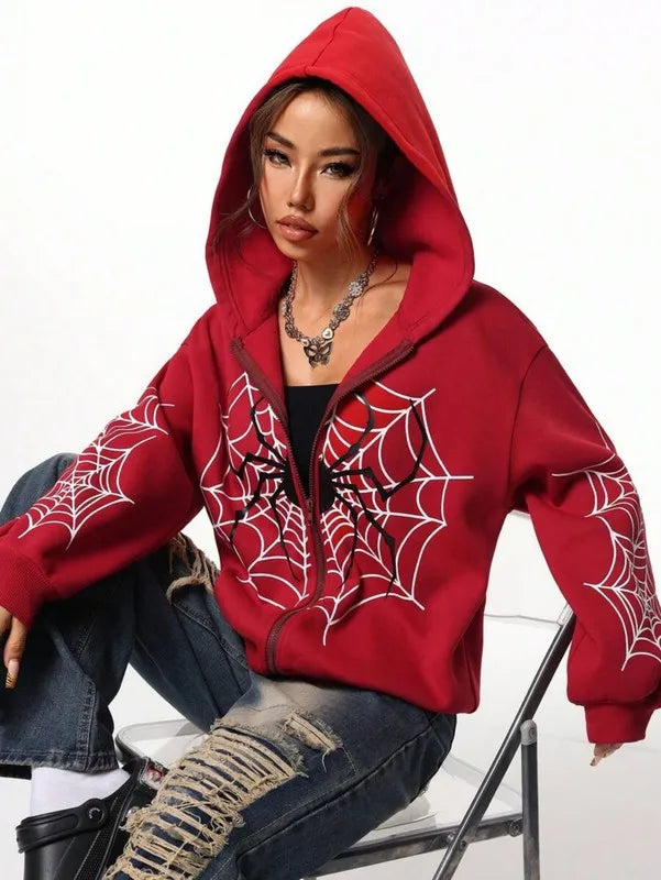Spider Web Print Zip Up Hoodies