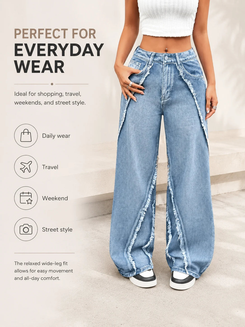 Frayed Raw Edge Wide Leg Jeans
