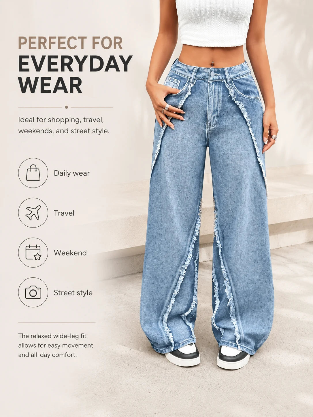 Frayed Raw Edge Wide Leg Jeans