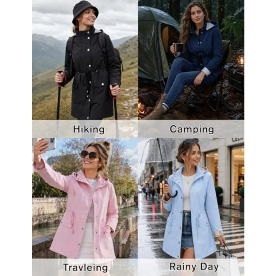 Women Waterproof Lightweight Hooded Trench Coat