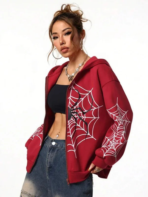 Spider Web Print Zip Up Hoodies