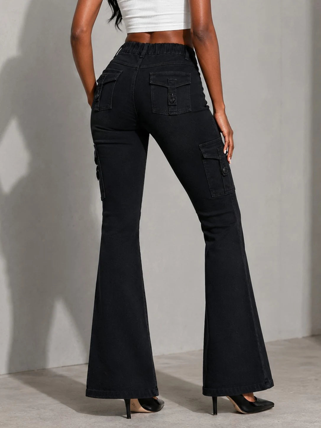 Stretch Vintage Washed Cargo Flare Jeans