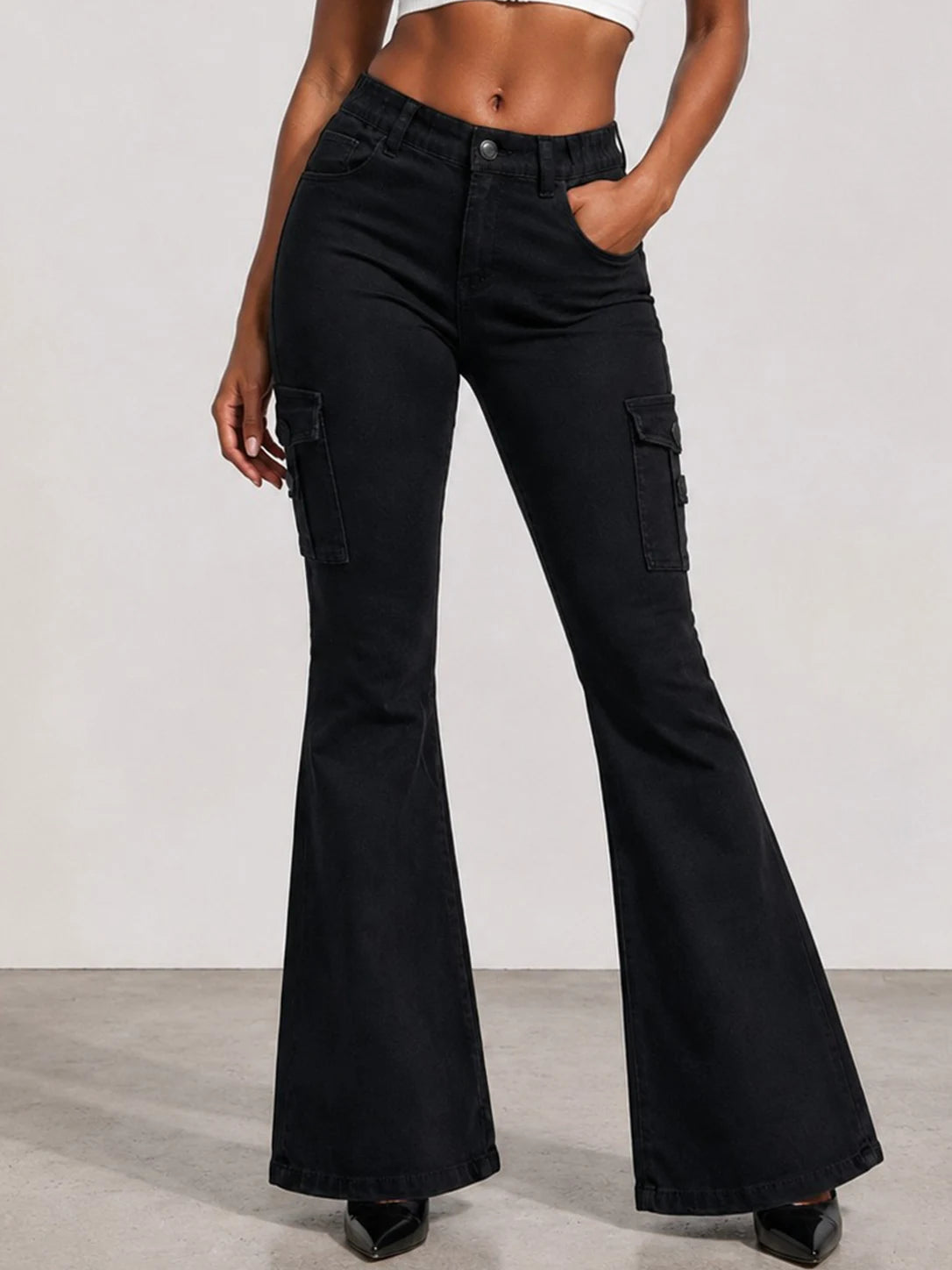 Stretch Vintage Washed Cargo Flare Jeans