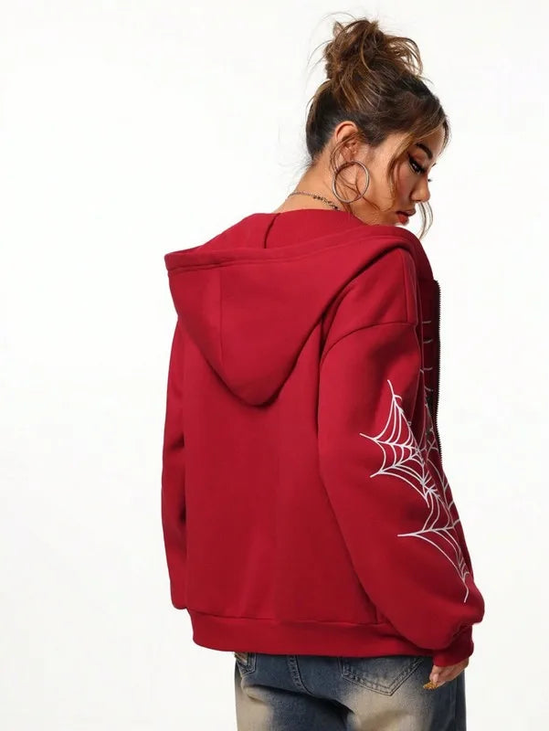 Spider Web Print Zip Up Hoodies
