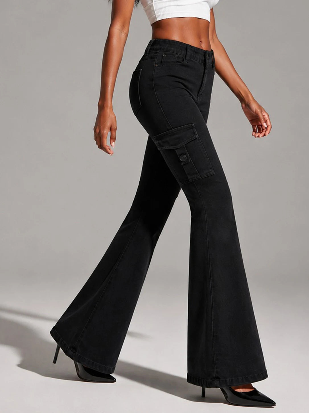 Stretch Vintage Washed Cargo Flare Jeans