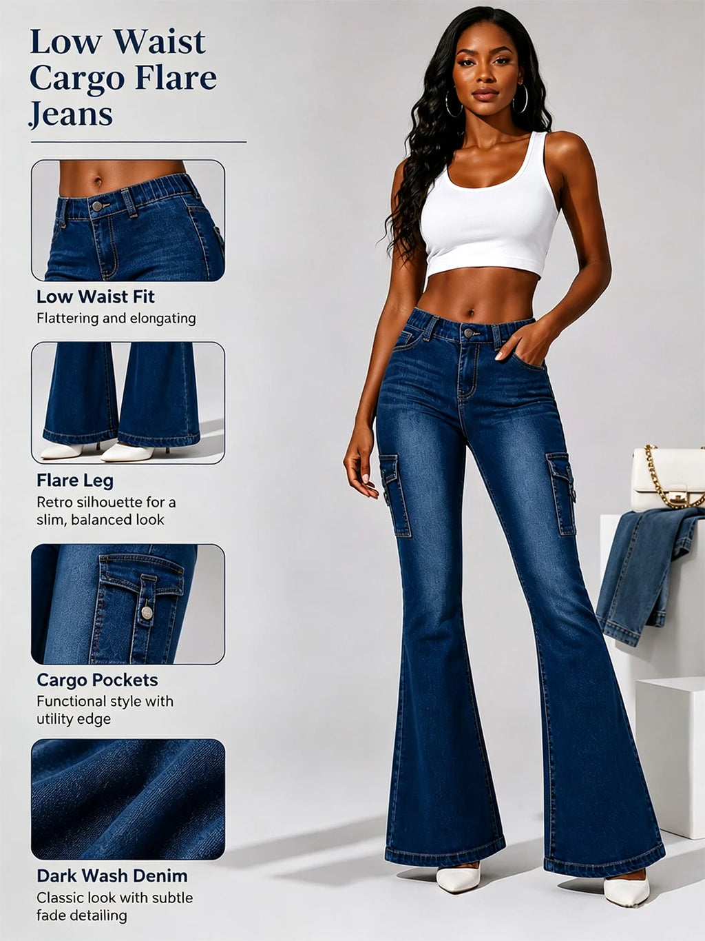 Stretch Vintage Washed Cargo Flare Jeans