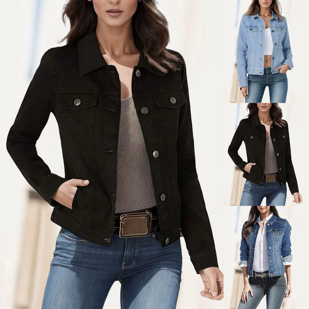 Turn Down Neck Solid Color Denim Jackets
