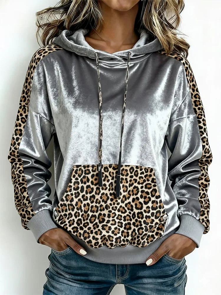 Silver-Gray Leopard Print Quilted Hoodie