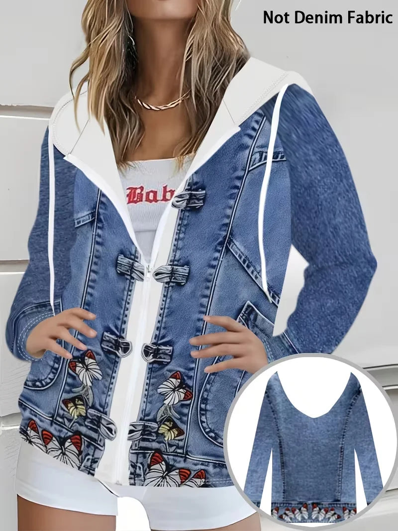 Butterfly Embroidery Print Hooded Denim Jacket